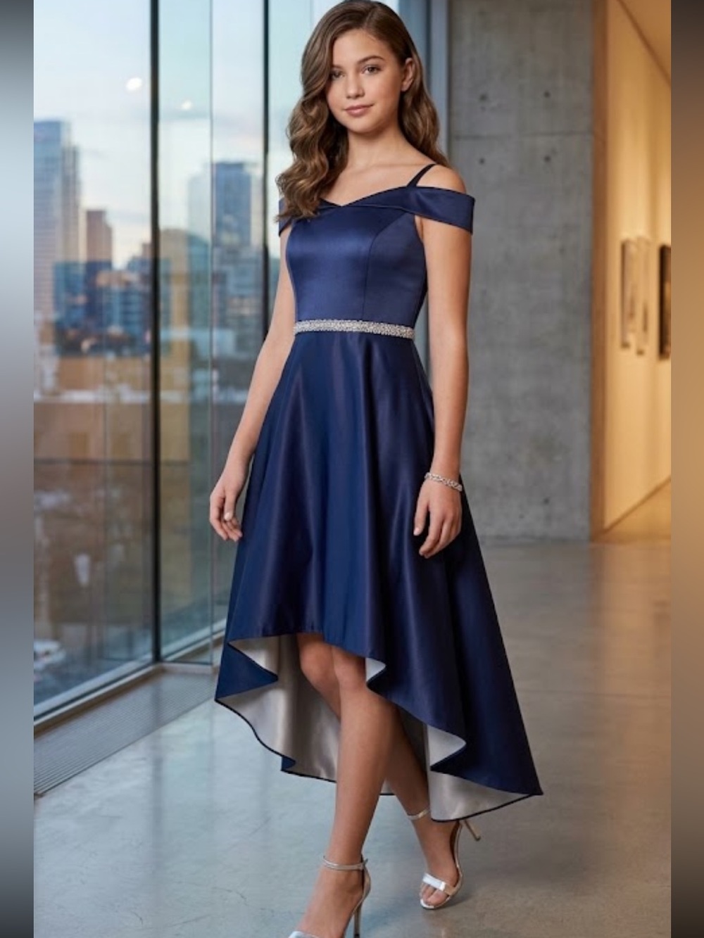 High low sweetheart neck spaghetti strap floral jeweled belt satin midi dress XS